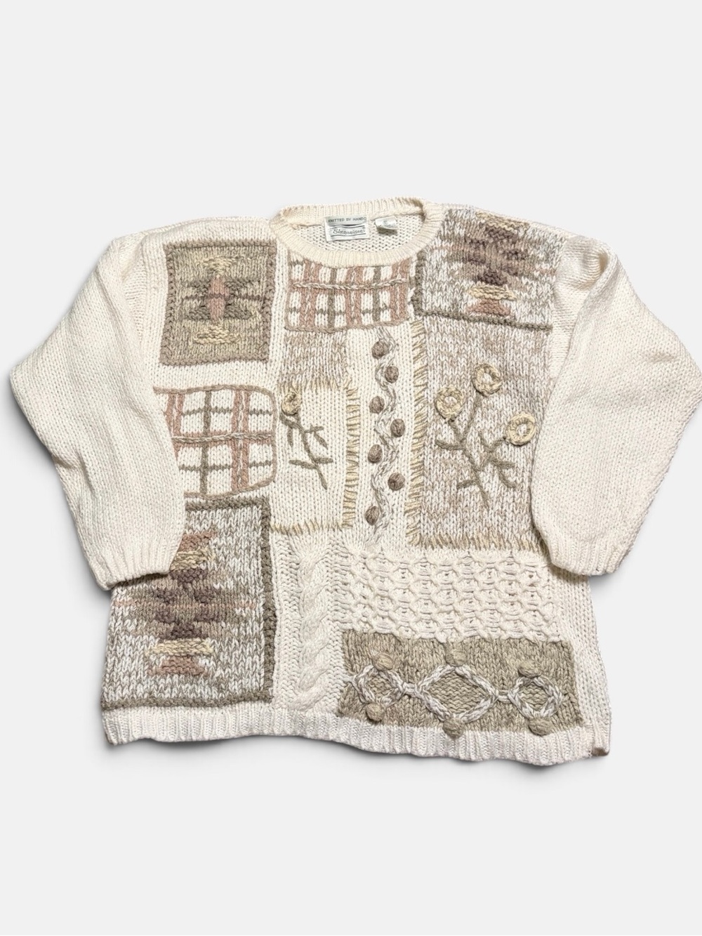 VINTAGE Shenanigans Hand Knit Patchwork Ramie Sweater Cottagecore S